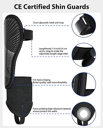 Upgraded Soccer Shin Guards for Kids Youth, CE Certified AirsFish Shin Ankle Pad Sleeves Protection Gear for Boys Girls Soccer Games EVA Cushion Reduce Shocks and Injuries (XX-Small, Carbon Black) — view 2