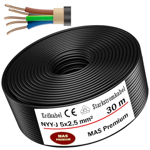 MAS Premium Von 5m bis 100m Erdkabel Starkstromkabel NYY-J 5x2,5 mm² Elektrokabel zur Verlegung im Freien, Erdreich (30m)