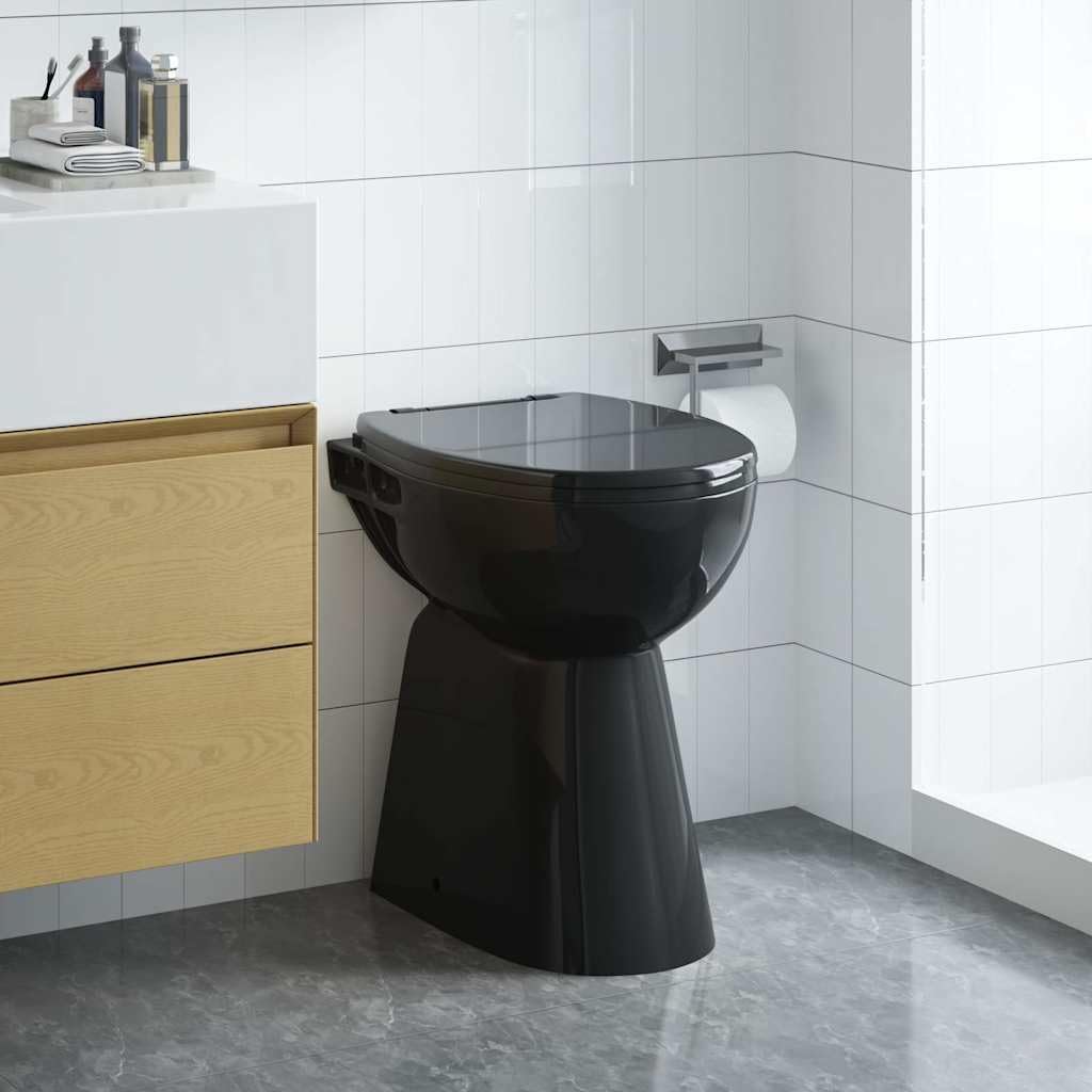 WC bez krawędzi spłukiwania, czarna, 7 cm, podwyższona, ceramiczna deska sedesowa z pokrywą Soft-Close