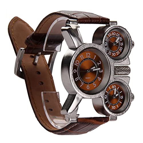 Montre homme 3 cadrans analogiques avec bracelet en cuir marron et aiguilles lumineuses