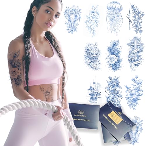Realistic Temporary Tattoos for Women, 138 Pcs Temporary Tattoos Adult, Fake Tattoos, Sleeve Tattoos, Floral Jellyfish Elephant Designs, Exquisite Packaging, Parties & Travel