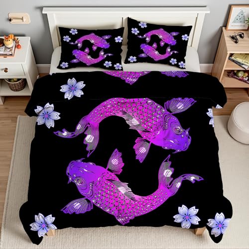 Housse de couette 220x240 violette Koï : parure de lit 3 pièces microfibre douce - 4