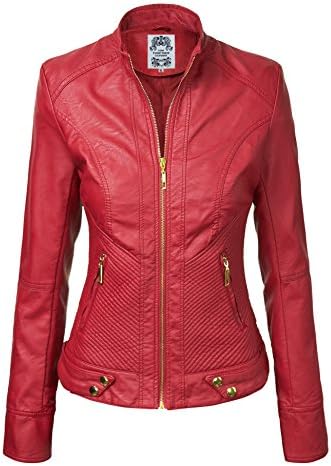 CTC WJC747 Womens Dressy Vegan Leather Biker Jacket XS RED