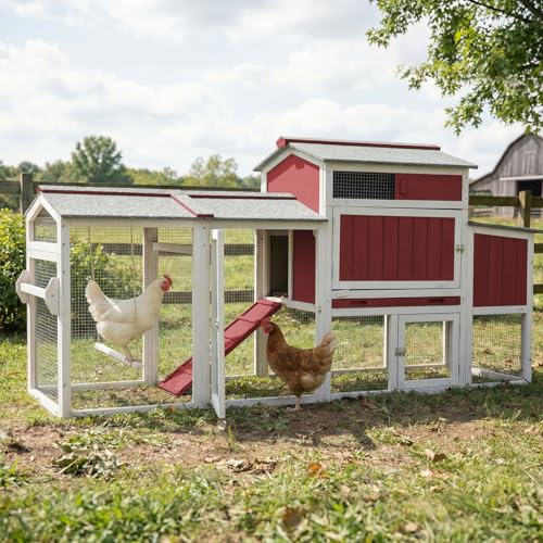 Chicken Coop with Run, Mobile Chicken Tractor Hen House Weatherproof with Wheels, Nesting Box, Roosting Bars, Pull-Out Tray, Asphalt Waterproof Roof &