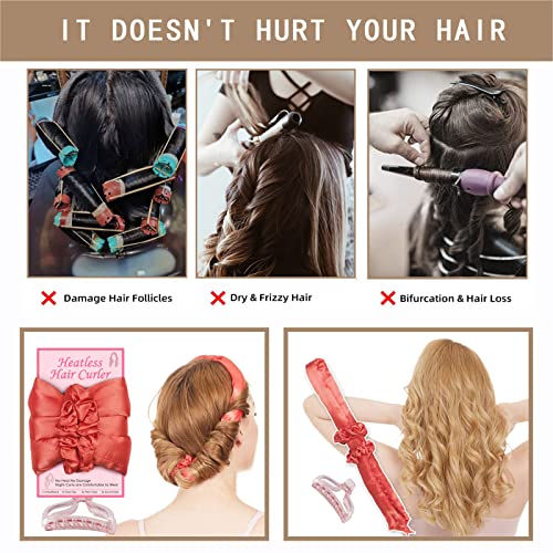 Satin Heatless Hair Curler Set, Heatless Hair Curler Heatless Curling Rod Headband For Sleeping, Overnight Hair Curlers, Curl Ribbon Rod Wave Satin Curling Set Diy With Claw Clip And Scrunchies (Red) #TOP5