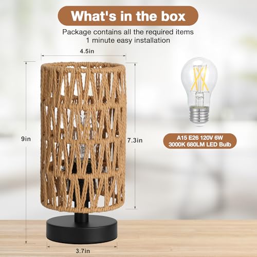Image of Fenmzee Small Table Lamp for Bedroom - Inline Control, Bedside Lamp with 3000K A15 LED Blub, Easy Assembly(Rattan Rope Shade-Black Base,9 inch Inline Control)