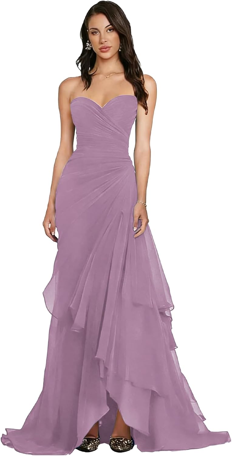 Chiffon Tiered Prom Dress 2026 for Women Strapless Corset Ruffles Formal Dress A-Line Sleeveless Evening Gowns