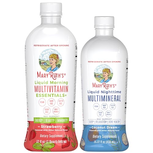 MaryRuth's Liquid Morning Multivitamin (Strawberry) & Liquid Nighttime Multimineral (Coconut, 15oz) | Clean Label Project Verified® | Vegan Vitamins for Energy, Bedtime Routine, & Overall Health