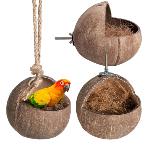 Image of Coconut Bird House Coconut Shell Hide Nest Shelter Hanging Birdhouse Cage Habitats Decor for Hamster Sugar Glider Parrot Bird Side-Fixed Style One Size