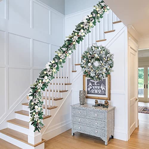 Wanna-Cul Pre-Lit 24 Inch Lighted Christmas Wreath For Front Door Decor With Silver White Christmas Ball Ornaments And Poinsettia Flowers,Battery Operated 30 Led Lights #TOP5