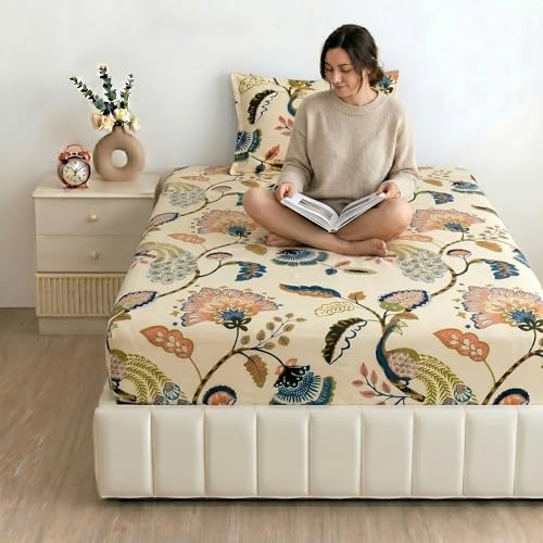 Image of Filymore Peacock Single Fitted Bedsheet with 1 Pillow Cover | anokhi Print Bedsheet in Cream, Red & Blue | 240 TC Soft Microfiber Bed Sheet for Single Bed Size 72x36 inches