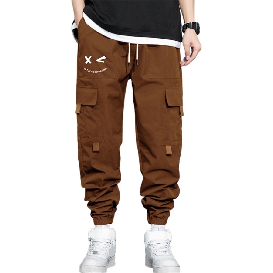 Men's All Seasons Cartoon Face & Letter Print Drawstring Waist Cargo Pants, Casual Regular Fit Multi-Pocket Utility Pants