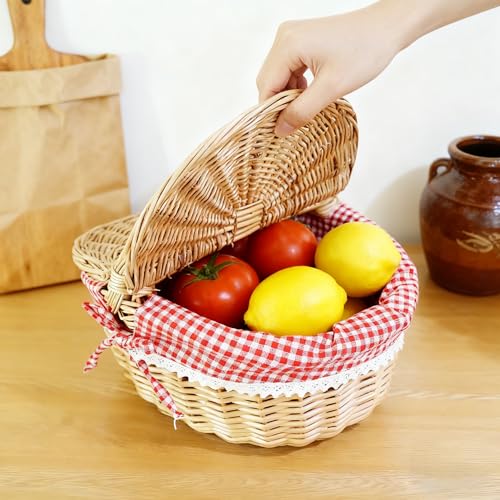 Cesta de Picnic de Mimbre Estilo Campestre con Tapa Ovalada y Forro Rojo, Asa Resistente y Forro Extraíble, Cesta de Almacenamiento para Picnic, Fiestas, Barbacoas y Camping DecoracióN del