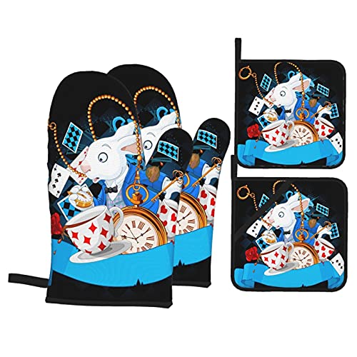 Alice in Wonderland Oven Mitts and Pot Holders Sets Heat Resistant Soft Anti-Slip Kitchen Baking BBQ Cooking 4 Pieces