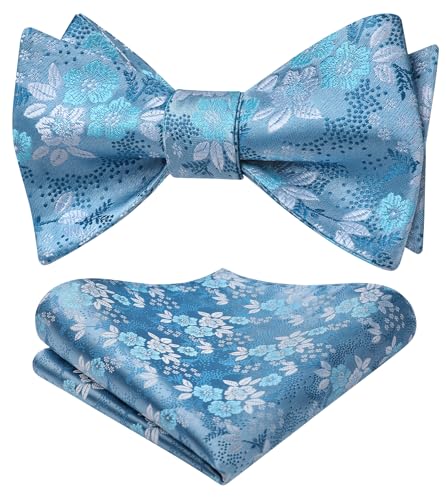HISDERN Herren Fliege Hellblau Blumen Selbstgebundene Fliege und Einstecktuch Set Einfarbig Anzug für Hochzeit Feier Smoking