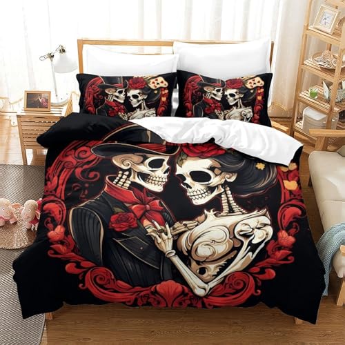 Romántico Gótico Funda Nórdica 3D Impresa Pareja Calavera Microfibra Decoración Dormitorio Juego de Cama Negro para Adultos Regalo Nan