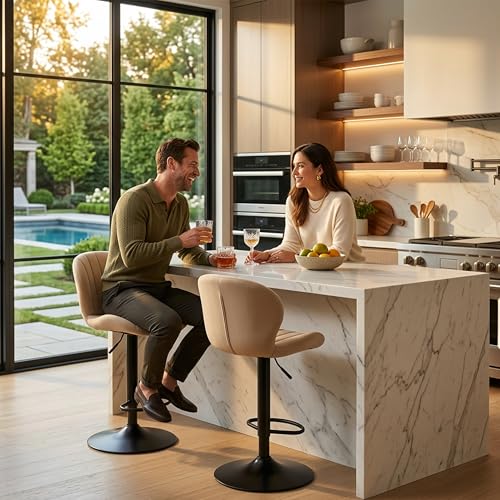 Image of HealSmart Bar Stools Set of 2, Adjustable Counter Height Swivel Stools, Modern Fabric Upholstered Bar Chairs with Backrest for Kitchen Island, Home Bar & Dining Area, Beige
