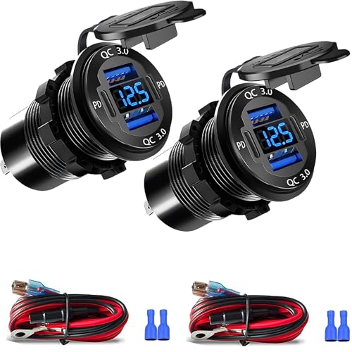 Upgraded 4 Port 12V USB Outlet 78W Dual PD & QC Aluminum Alloy USB Ports with LED Voltmeter Waterproof for Cars Cigarette Lighter Replacement 12V Socket for Boats RV Trucks and Motorcycles