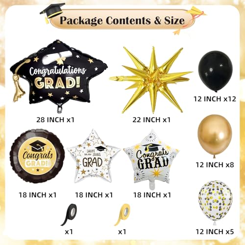 Image of Graduation Decorations Balloons for Class of 2026 Black Gold Confetti Latex Balloons 32pcs Helium Round Congrats Grad Explosion Star Foil Balloon Grad Hat Balloon College High School Grad Party Decor