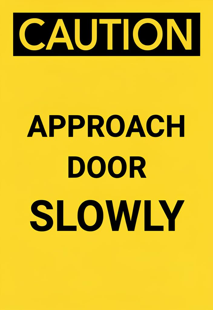 peiyeety Caution Approach Door Slowly Tin Sign 12x8 Inch – Yellow & Black Warning Metal Plaque, Funny Door/Office/Garage Decor, Rustic Wall Sign Gift Idea