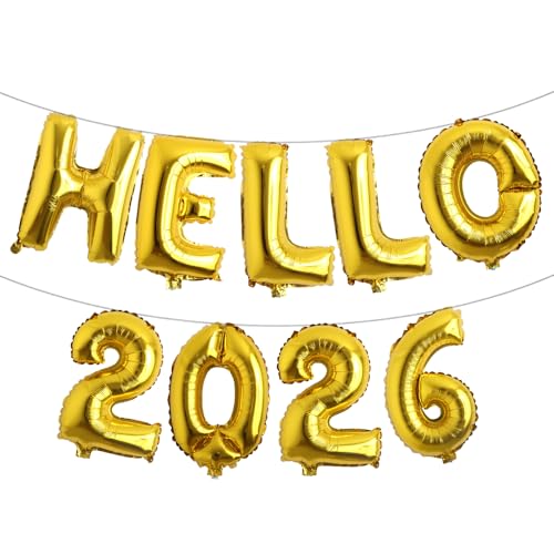 Multicolor Hello 2026 Number Balloon, 2026 New Years Decorations for 2026 Happy New Year Eve Christmas and Graduations Party Supplies (HELLO 2026 Gold)