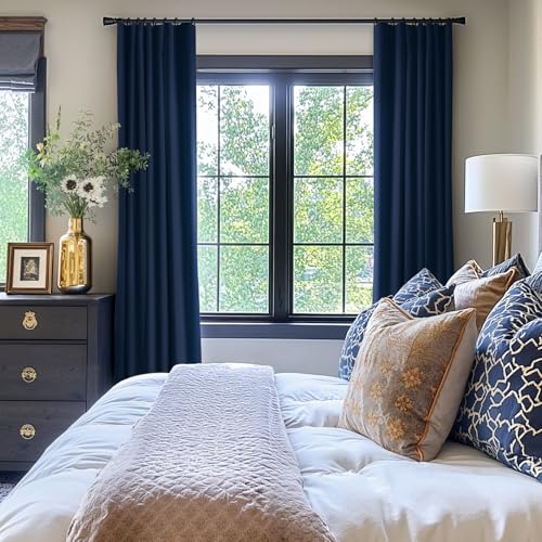 Image of INOVADAY 100% Blackout Curtains for Bedroom, Midnight Blue Black Out Curtains 96 Inch Long, Clip Rings Linen Blackout Drapes, Thermal Insulated Room Darkening for Living Room, 2 Panels - W50xL96