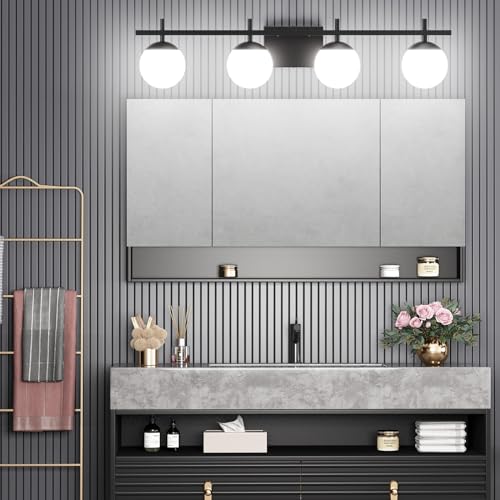 Image of Ralbay Black Vanity Lights for Bathroom Milky Glass Mid Century Modern Bathroom Vanity Wall Light Over Mirror, Black 4-Lights