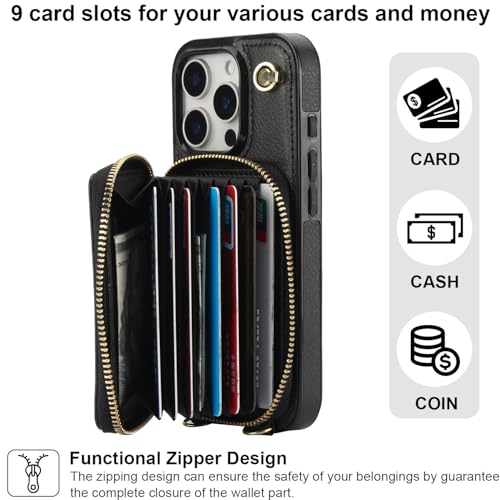 Bocasal Crossbody Wallet Case for iPhone 16 Pro, RFID Blocking Leather Purse Case with Card Holder, Protective Handbag Flip Cover with Zipper Wrist Strap Lanyard for Women 5G 6.3 Inch (Black) by Bocasal - Image 3