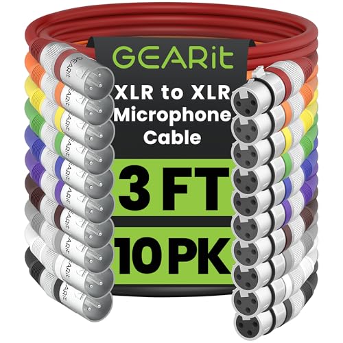 GEARit XLR Male to Female Microphone Cable (3 Feet, 10 Pack) 3-Pin Balanced Shielded Mixer, Recording Studio, Podcast - Multi Colored