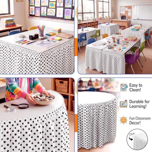 Image of Oudain 14 ft Black and White Polka Dots Table Skirt Cloths for Teacher Desk Boho Wrinkle Polka Dots White Table Cover Skirt for Kindergarten Classroom Kidney Shaped Desk Back to School Supplies