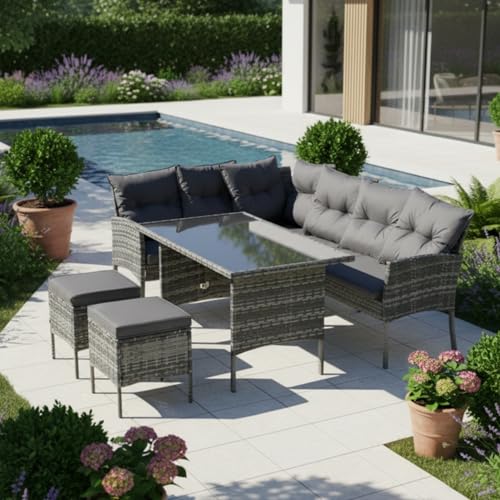 Yihomfy Salon de Jardin Exterieur 7 Personnes en Poly Rotin avec Table Coussin en Verre Trempé,...