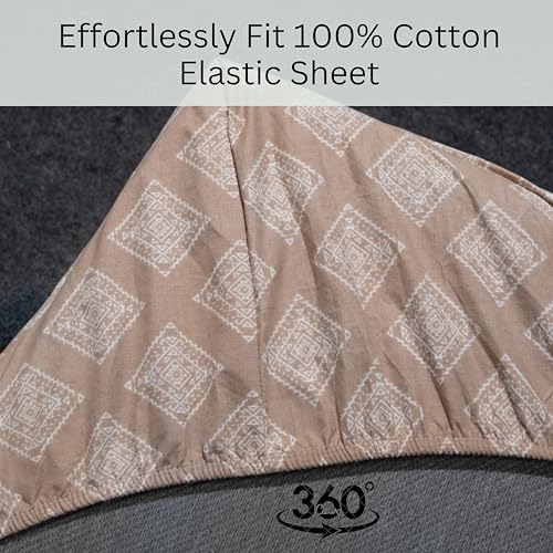 Image of Amazon Brand - Umi Cotton Elastic Fitted Bedsheet, King Size 78x72 Inches, Elastic Fit Bed Sheet, 10 Inch Deep Pocket, Soft Breathable Bedding, Durable Easy Care, with Pillow Cover-Beige Motif