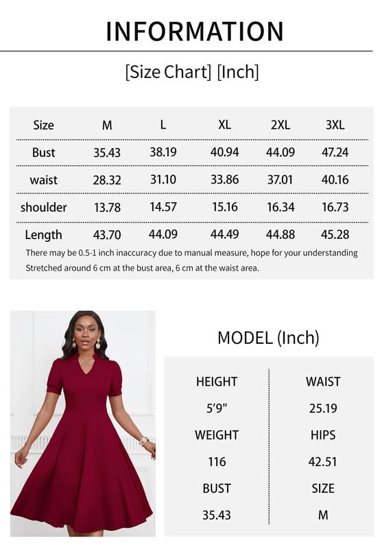 MarryUP Vestido acampanado de manga corta abombada con cuello en V para mujer, estilo casual, semiformal, para fiesta de cóctel