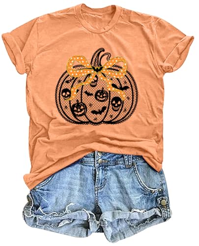 Halloween Pumpkin Shirt Women Leopard Graphic Tees Short Sleeve Fall T-Shirt Thanksgiving Gift Tops Brown