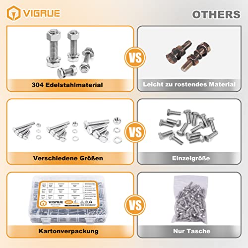VIGRUE 408 Stück M5 M6 M8 Sechskantschrauben Edelstahl A2 Schrauben Set mit Muttern Unterlegscheiben DIN933 Bolzen Vollgewindeschrauben Maschinenschrauben Gewindeschrauben zur Reparatur