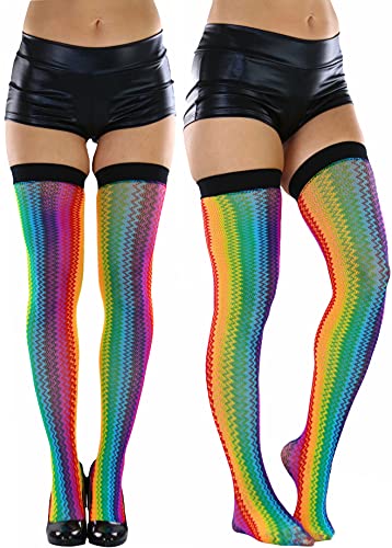 Image of ToBeInStyle Women's Rainbow Bright Multicolor Nylon Thigh High Stockings