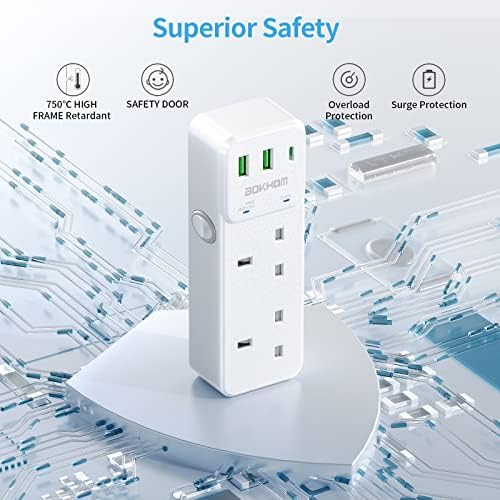 Plug Adapter with 3 USB Ports, Double Plug Adaptor with Type C & 2 USB A BOKHOM 2 Way Plug Extension, Vertical USB Wall Charger Sockets Plug Adapter USB C Plug 13A Surge Protection for Kitchen Bedroom