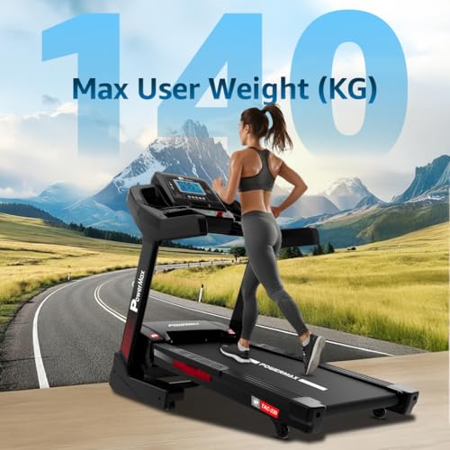 Image of PowerMax Fitness TAC-330 (6HP Peak) Motorized Autoincline Treadmill for Home use, Max User 150kg, 16kmph Speed, Running Deck 1300x480mm, Manual Lubrication, LCD Display, Speaker, iPad Holder, USB