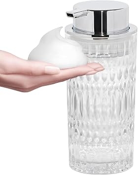Foam Soap Dispenser, Glass Foaming Hand Soap Dispenser with Pump, 14 Oz Bathroom Refillable Liquid Lotion Pump Bottle Container for Kitchen Countertop Decor 1, Clear Silver