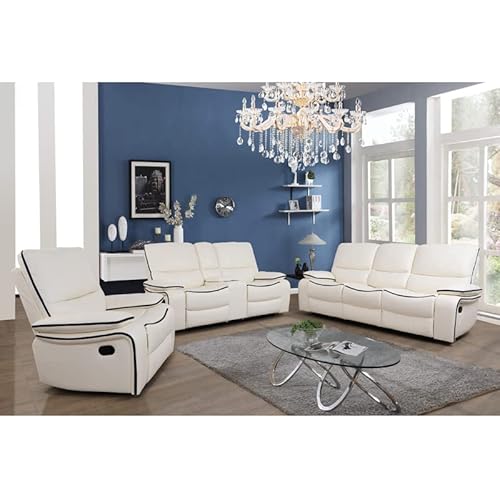Manual Reclining Living Room Furniture Set Leather Sofa & Loveseat with Storage Console 3 Pieces Set for Living Room/House/Bedroom/Office (White/Bonded Leather)