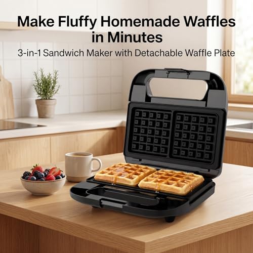 Image of KEINVE 3-in-1 Sandwich Maker, Waffle Maker and Panini Press Grill, 800W Electric Breakfast Machine with 3 Detachable Non-Stick Plates, LED Indicator Lights, Cool Touch Handle with Latch, Black
