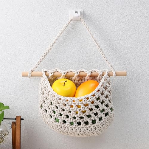Cestas colgantes de frutas para encimeras sin espacio solución en macramé de algodón 8
