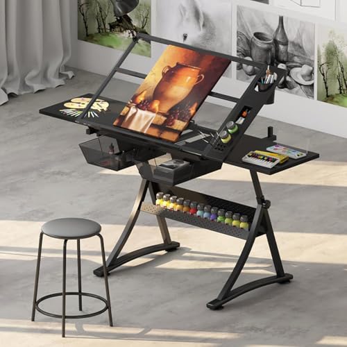 Drafting Tables Drawing Art Table, Height Adjustable Paintings Work Station, with 2 Storage Drawer, Retractable Side Panels
