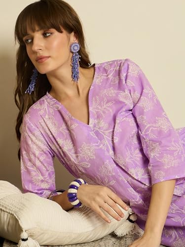 Image of INDO ERA Women Co Ord Set For Women Stylish | Pure Cotton Printed A-Line Kurta with Pant | Ethnic Wear for Women | Indian Casual Office Daily Summer Outfit, IESTR11879L | XS, S, M, L, XL, XXL | Purple