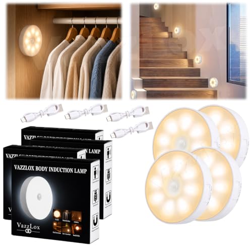Image of VazzLox Motion Sensor LED Light (Warm | Pack of 4) Wireless USB Rechargeable Self-Adhesive Motion Sensor Light for Home Indoor Auto On /Off Cabinet Light Wardrobe Lights with Sensor Stairs Night Light