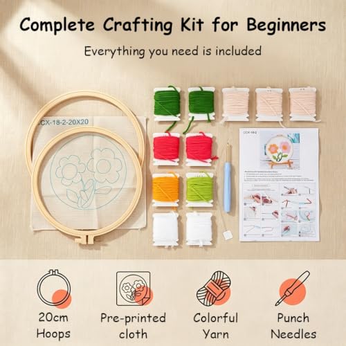 Image of PATPAT 2 Sets of DIY Punch Needle Kits Cute Tufting Art Craft Needle Embroidery Kit with Hoop Flower Pattern for Craft Lovers Beginners DIY Home Decor