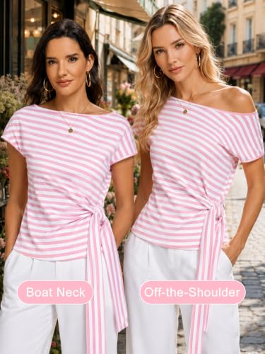 Image of HOTIAN Womens Cap Sleeve T Shirts 2026 Tie Waist Wrap Tops Crew Neck Blouses Dressy Casual Loose Work Business Dressy