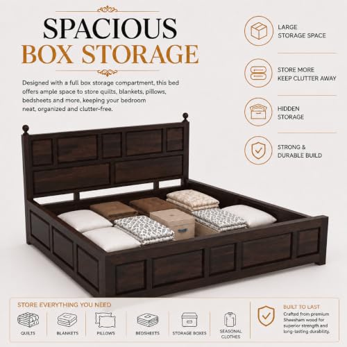 Image of SHISSO Solid Sheesham Wood Queen Size Bed with Storage Box | Wooden Queen Size Double Bed Cot Palang with Storage | Furniture for Bedroom,Home,Hotel | Armania Design | Walnut Finish