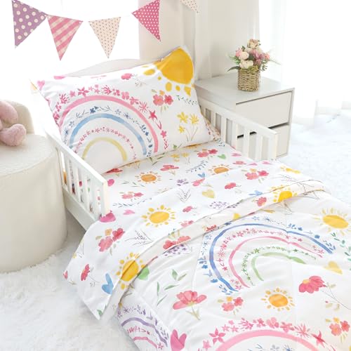 Image of Pea Pod Toddler Bedding Set for Girls, 4 Piece Soft & Breathable Rainbow & Sun Crib Bedding Set, Bed-in-A-Bag Toddler Microfiber Sheet Set, Includes Comforter, Flat Sheet, Fitted Sheet, Pillowcase