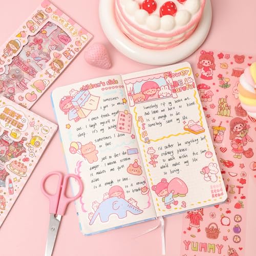 Image of Kawaii Cartoon Sticker Strips Set for Journaling & Scrapbooking - Cute Girl, Animal & Pastel Decorative Stickers for Planners, Diaries, DIY Crafts & School Projects